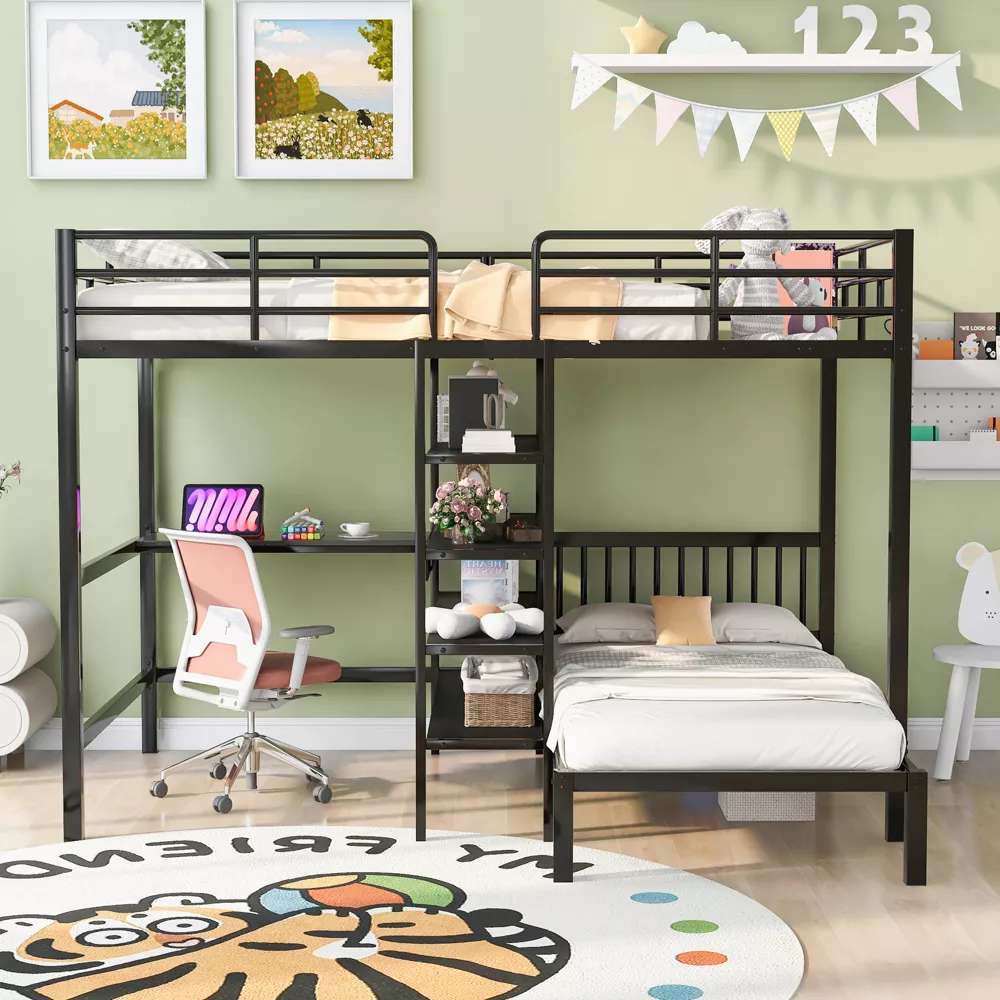 Full Over Twin Modernluxe Metal Bunk Bed With Built-In Desk, Shelves And Ladder-2
