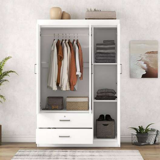  White Wood Linen Cabinet With Wardrobe, 3 Doors, 2-Drawers And 1 Hanging Rod-4
