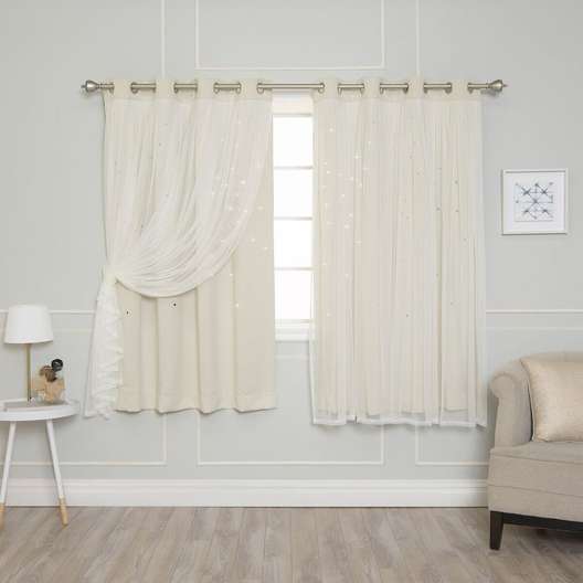 84"L X 52"W Best Home Fashion Tulle Overlay Star Cut Out Blackout Curtains, Biscuit-0