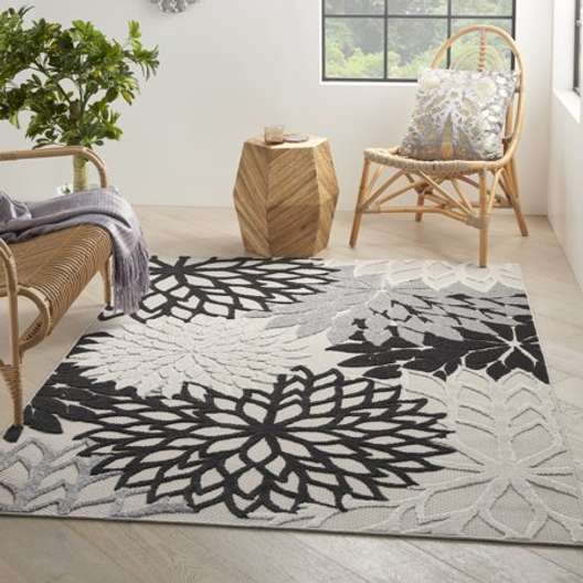 Nourison Aloha Black White 5 Ft. X 7 Ft. Floral Modern Indoor/Outdoor Patio Area Rug-0