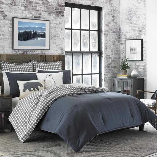Eddie Bauer Kingston Grey/Checked Cotton/Flannel Reverse Comforter Set-0