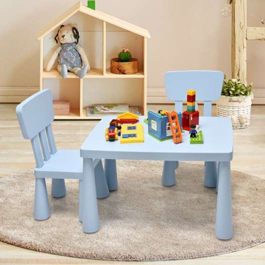 Costway 3-Piece Toddler Multi Activity Play Dining Study Kids Table And Chair Set, Blue-2