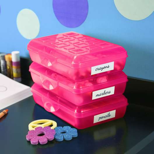 Set Of 3, Sterilite Small Pencil Box Plastic, Neon Pink