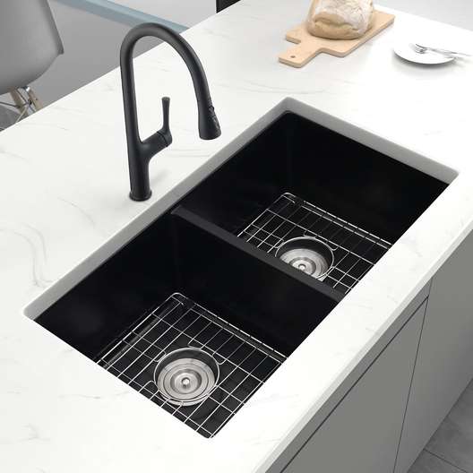 Lonsince Kitchen Sink Double Bowl,Black Undermount 30" X 18"-2