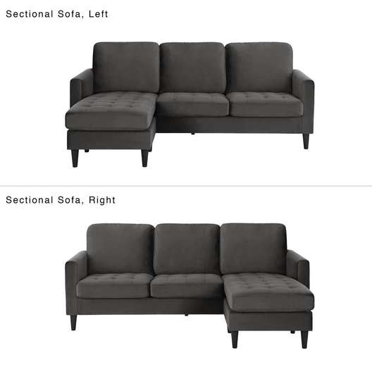 Cosmoliving By Cosmopolitan Strummer Velvet Reversible 3-Seater L-Shaped Sectional Sofa Couch, Charcoal Gray Velvet-3