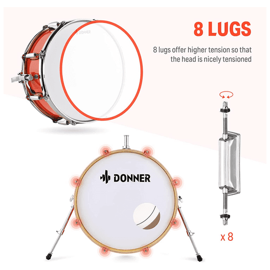 5 Pcs Donner Drum Set 22" Full Size Kit , Red-0