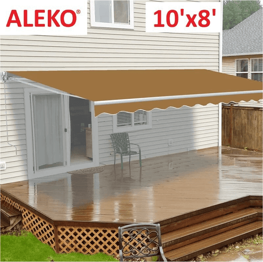 Aleko 10' X 8' Retractable Outdoor Patio Awning Deck Sunshade, Sand-0