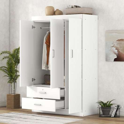  White Wood Linen Cabinet With Wardrobe, 3 Doors, 2-Drawers And 1 Hanging Rod-0
